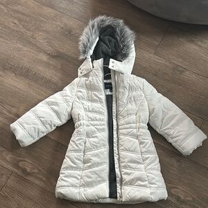 White Quilted Coat with Faux Fur Hood